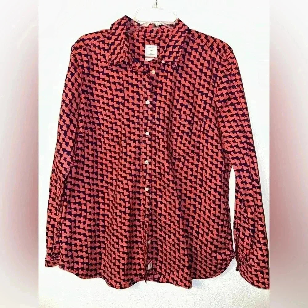 Gap The Shrunken Boyfriend Pink Blue Long Sleeve Button Down Shirt Women's XL